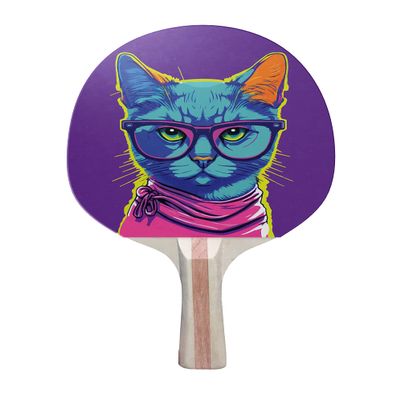 TigerTail Sports Cat Glasses Colorful Design Ping Pong Paddle, Premium 5 Ply Table Tennis Racket (Black on Back)