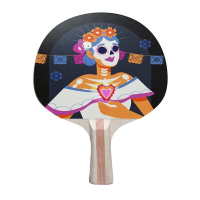TigerTail Sports Dia De Los Muertos Colorful Design Ping Pong Paddle, Premium 5 Ply Table Tennis Racket (Red on Back)