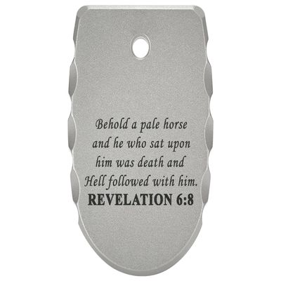 NDZ Performance Magazine Base Plate for Sig P365 X Macro & P365 Fuse  Laser Engraved Anodized Aluminum with Grooved Ridges  Silver  Bible Revelations 6:8