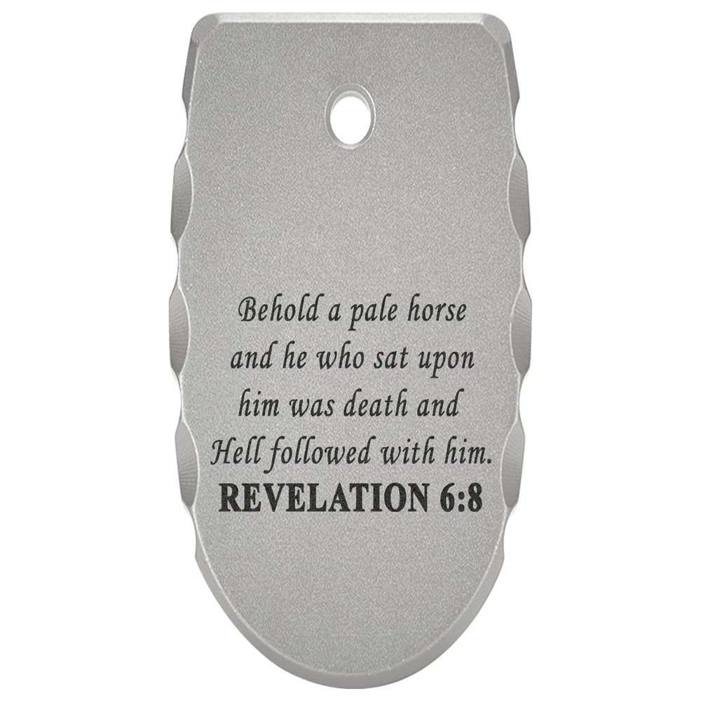 NDZ Performance Magazine Base Plate for Sig P365 X Macro & P365 Fuse  Laser Engraved Anodized Aluminum with Grooved Ridges  Silver  Bible Revelations 6:8