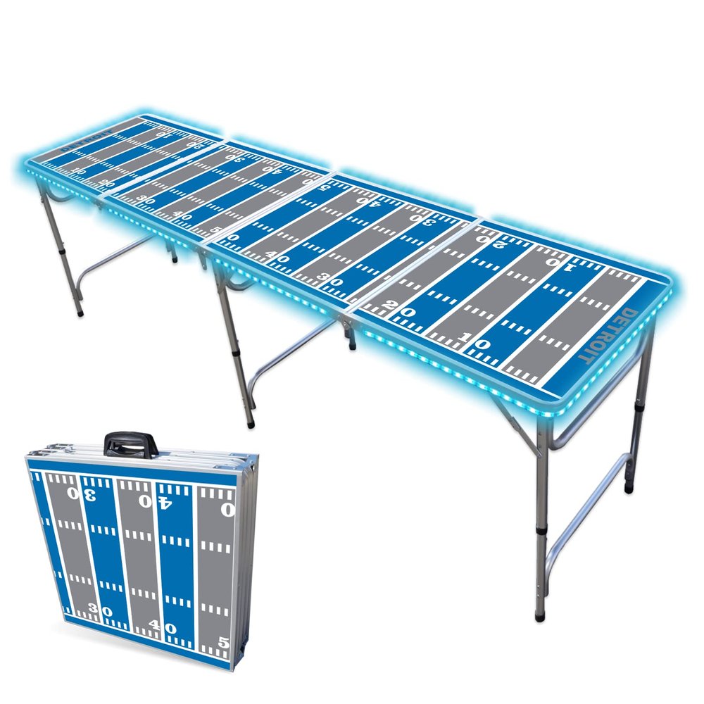 8-Foot Professional Beer Pong Table w/LED Lights - Detroit Football Field