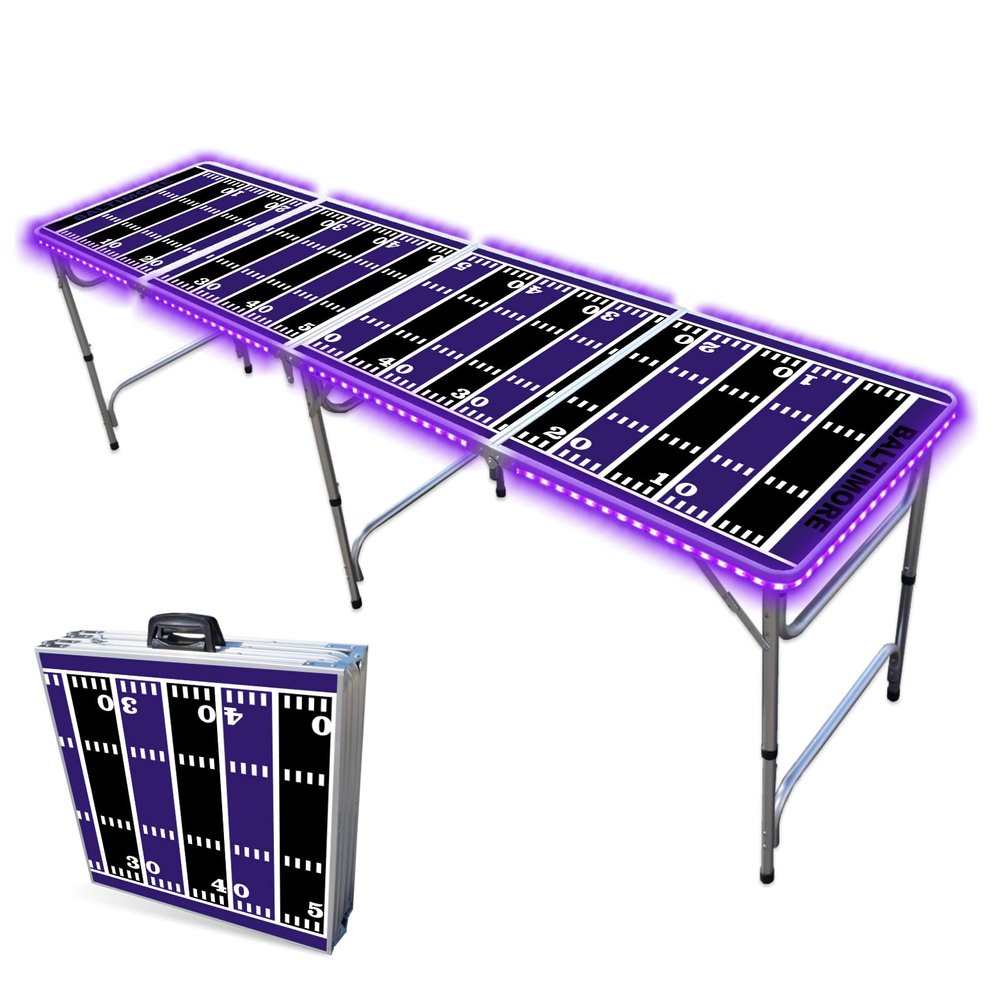 8-Foot Professional Beer Pong Table w/LED Lights - Baltimore Football Field