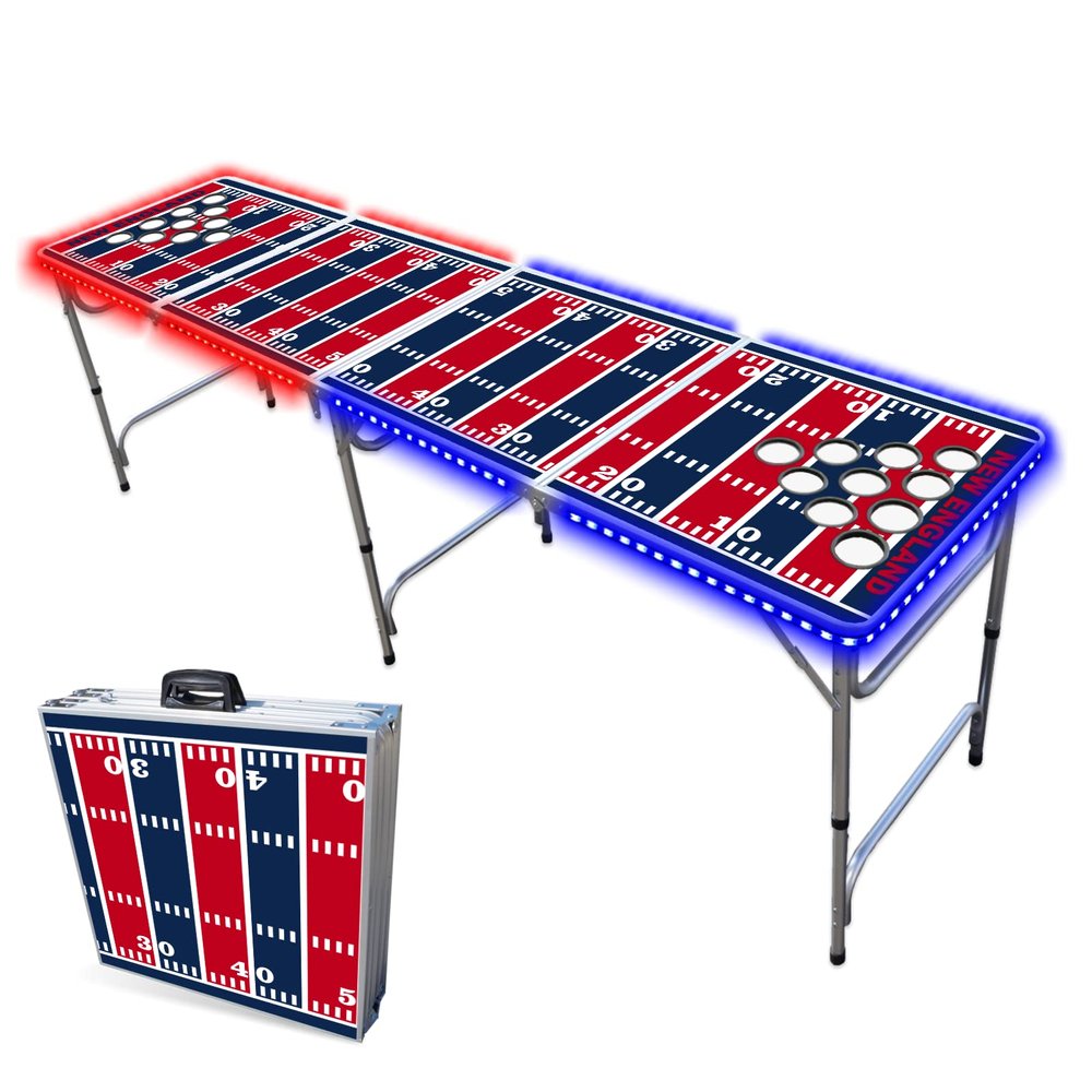 8-Foot Professional Beer Pong Table w/Cup Holes & LED Lights - New England Football Field