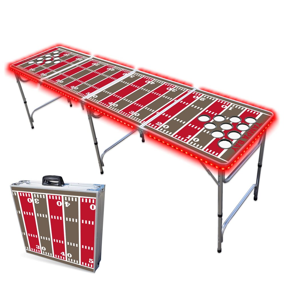 8-Foot Professional Beer Pong Table w/Cup Holes & LED Lights - Tampa Bay Football Field