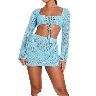 Doloame Women Sexy Bodycon Mini Skirt Set Summer Long Sleeve Tube Tops Bodycon Mini Skirts 2PCS Set Streewear(QQ-Blue,Medium)