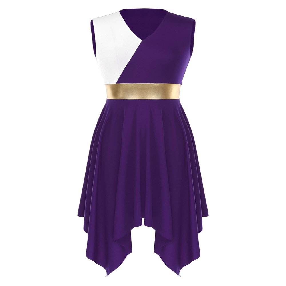 JEYPINMI Women's Liturgical Praise Dance Dress Worship Lyrical Dance Costume Sleeveless Color Block Performance Purple XX-Large