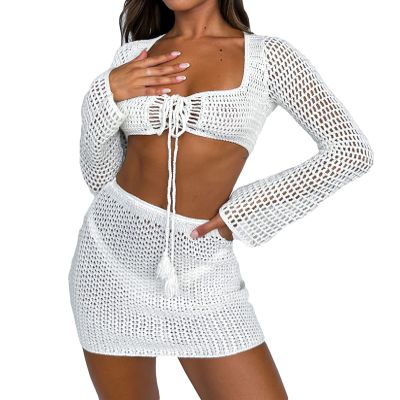 Doloame Women Sexy Bodycon Mini Skirt Set Summer Long Sleeve Tube Tops Bodycon Mini Skirts 2PCS Set Streewear(QQ-White,Large)