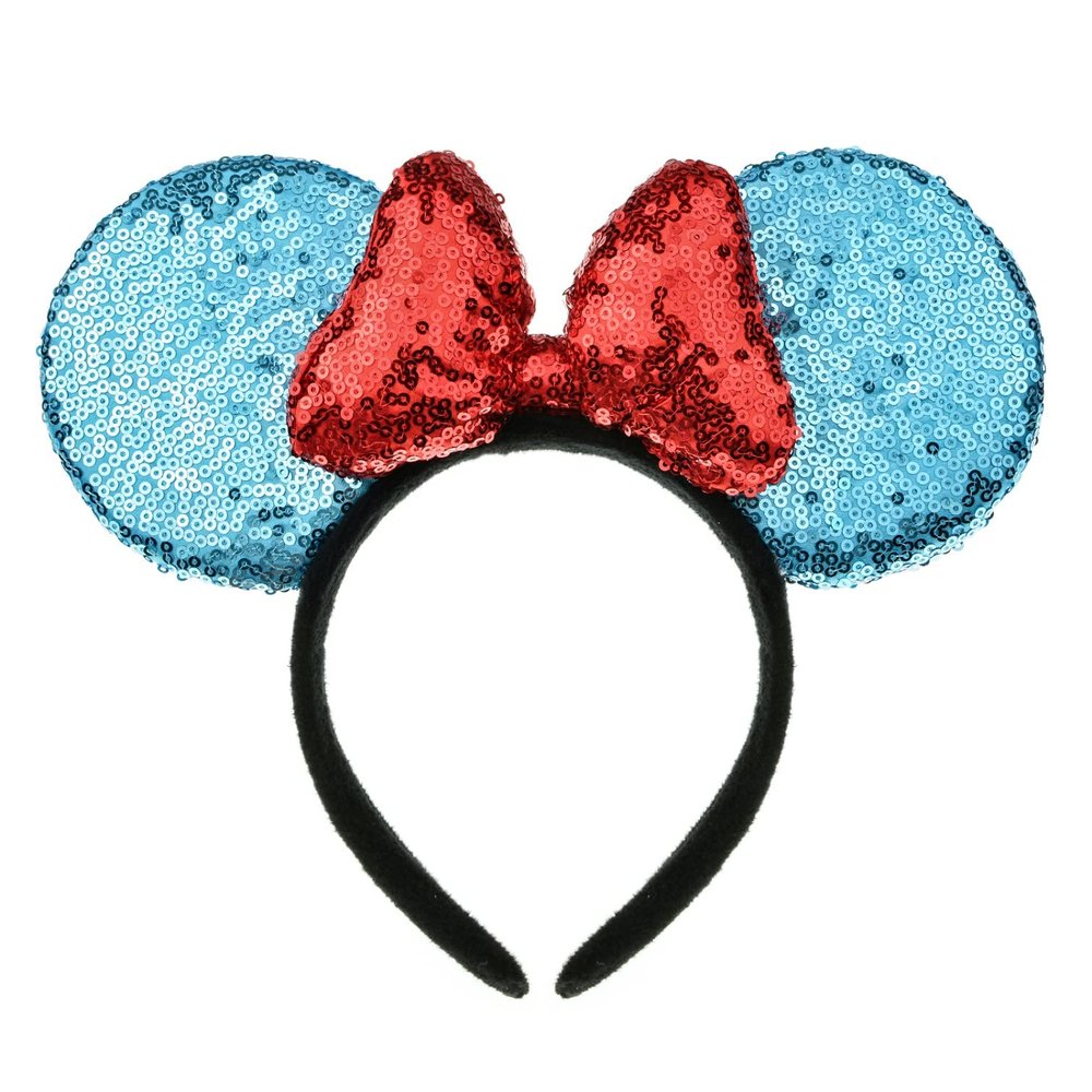 A Miaow 3D Black Mouse Sequin Ears Headband MM Glitter Butterfly Hair Clasp Park Supply Adults Women Photo Accessory (Lake Blue and Red)