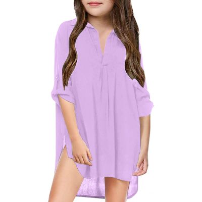 Little Girl's Kids Swimsuit Beach Cover Up for Girl Chiffon Shirt Bikini Beachwear Toddler Girl (Purple #1, 12-13 Years)