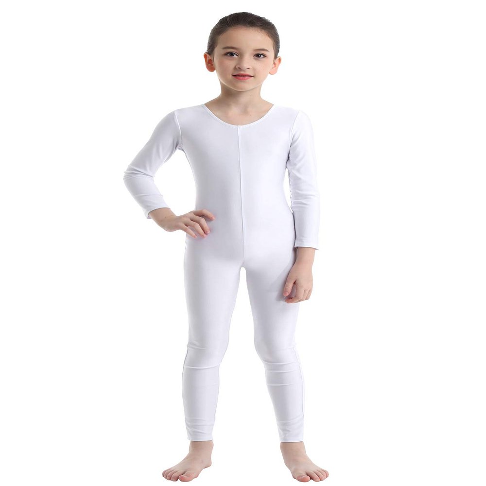 Aislor Kids Big Girls One Piece Long Sleeves Full Body Jumpsuit Bodysuit Dance Athletic Gymnastics Leotard Activewear White 13-14 Years