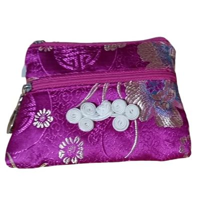2pcs Cute Chinese knot Two Zipper Purse Jewelry Packaging Bags for Bracelets Necklace Storage Silk Brocade Zip Pouch Bags for Travel (fuchsia2 pcs pattern random)