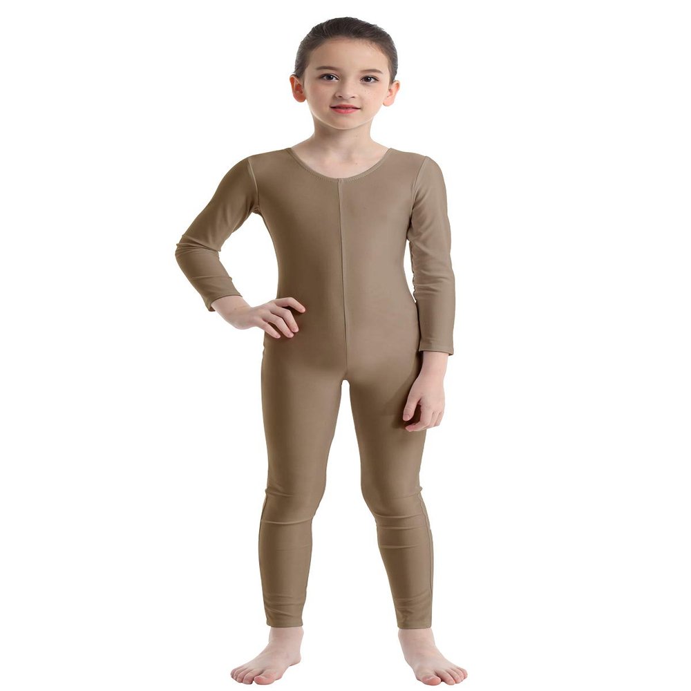 Aislor Kids Big Girls One Piece Long Sleeves Full Body Jumpsuit Bodysuit Dance Athletic Gymnastics Leotard Activewear Brown 13-14 Years