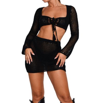Doloame Women Sexy Bodycon Mini Skirt Set Summer Long Sleeve Tube Tops Bodycon Mini Skirts 2PCS Set Streewear(QQ-Black,Large)