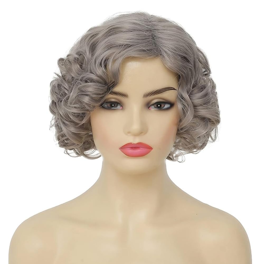 Amnenl Grey Short Curly Wig for Women Finger Wave Wigs Natural Heat Resistant Synthetic Hair for Daily Costume Party Halloween Wig