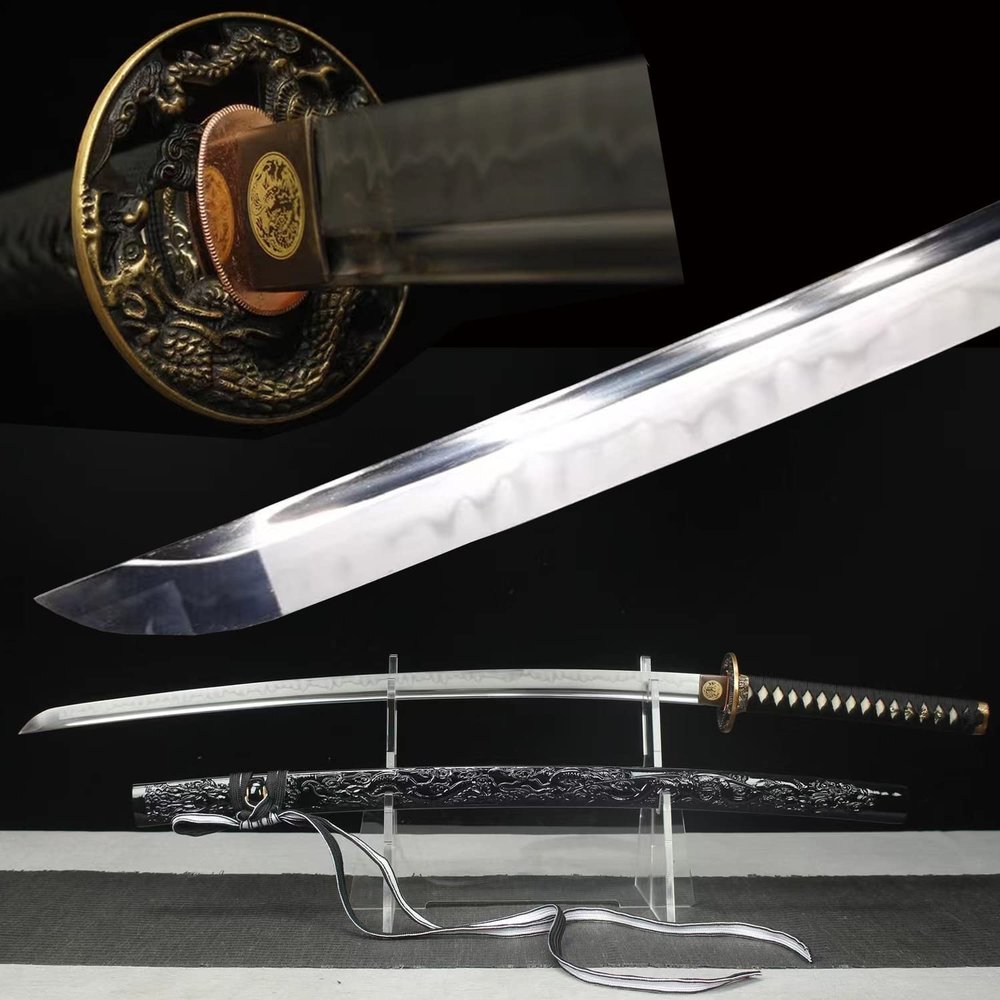HERO SWORD Handmade Black Dragon Katana Real Razor Sharp Long Choji Hamon Clay Tempered T10 Steel Samurai Sword Cool Japanese Weapons Battle Ready