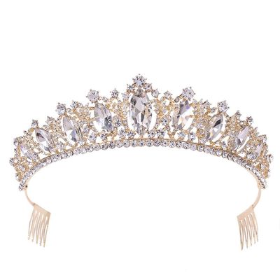 Glamorous Crystal-Studded Wedding Crown with Leafy Accents and Combs (Gold, Normal)