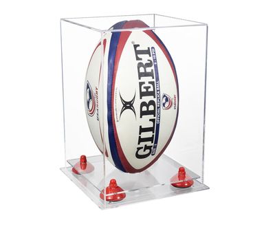 Better Display Cases Acrylic Rugby Ball Display Case Vertical with Clear Case, Red Risers, Clear Base 8" x 8" x 12" (A060/B42)