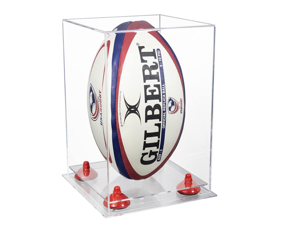 Better Display Cases Acrylic Rugby Ball Display Case Vertical with Clear Case, Red Risers, Clear Base 8" x 8" x 12" (A060/B42)