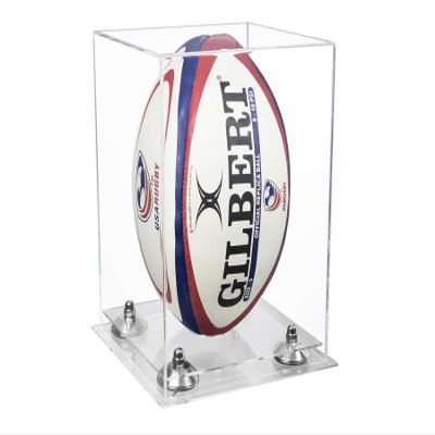 Better Display Cases Acrylic Rugby Ball Display Case Vertical with Clear Case, Silver Risers, Clear Base 8" x 8" x 12" (A060/B42)
