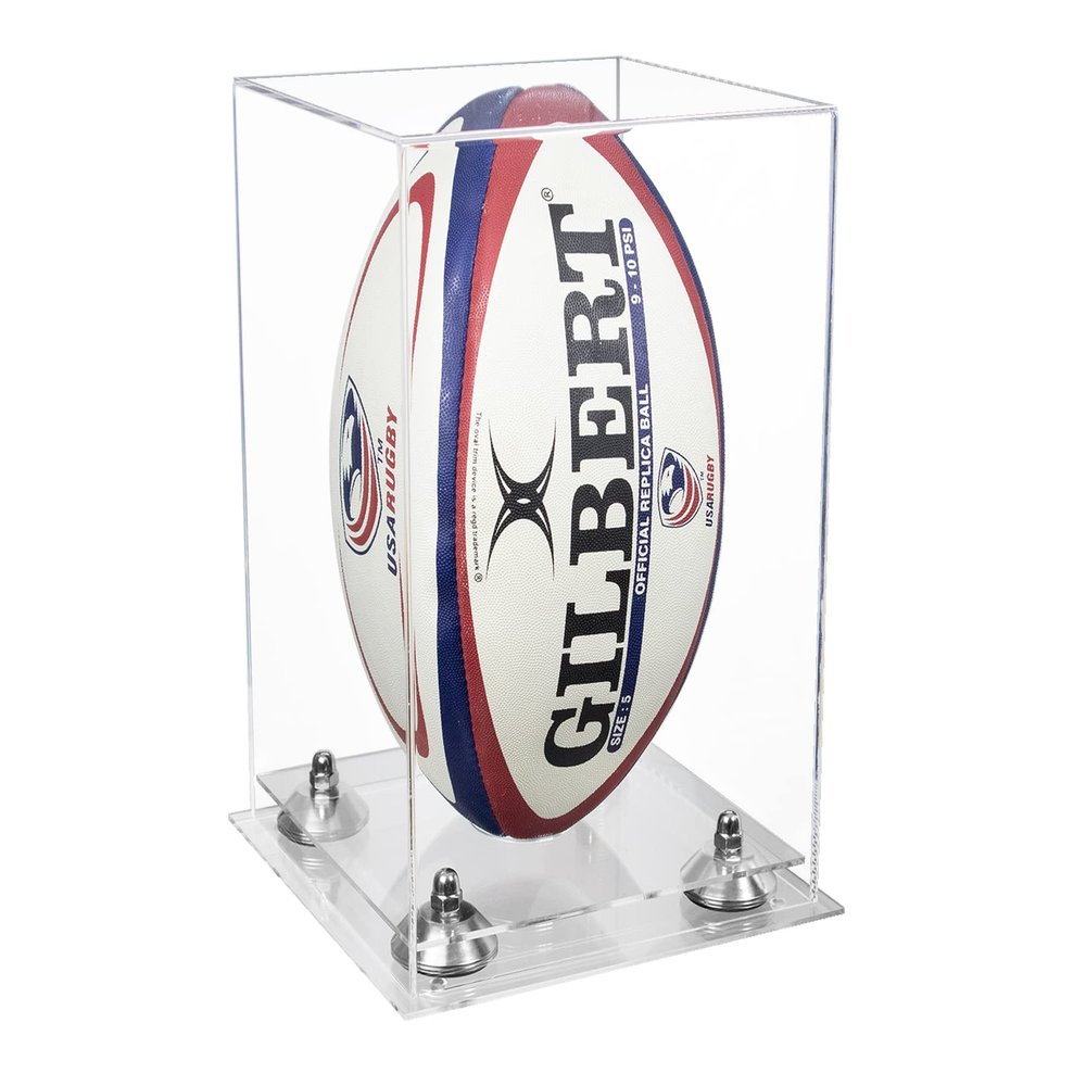 Better Display Cases Acrylic Rugby Ball Display Case Vertical with Clear Case, Silver Risers, Clear Base 8" x 8" x 12" (A060/B42)