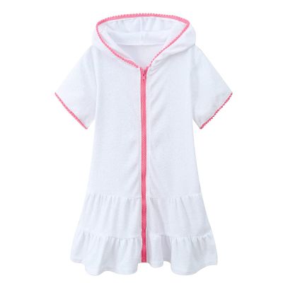Little Girls Swim Cover Up Kids Swimsuit Coverup Zip Up Beach Bathing Suit Hooded Bathrobe Absorbent Toddler Bikini (White, 3-4 Years)