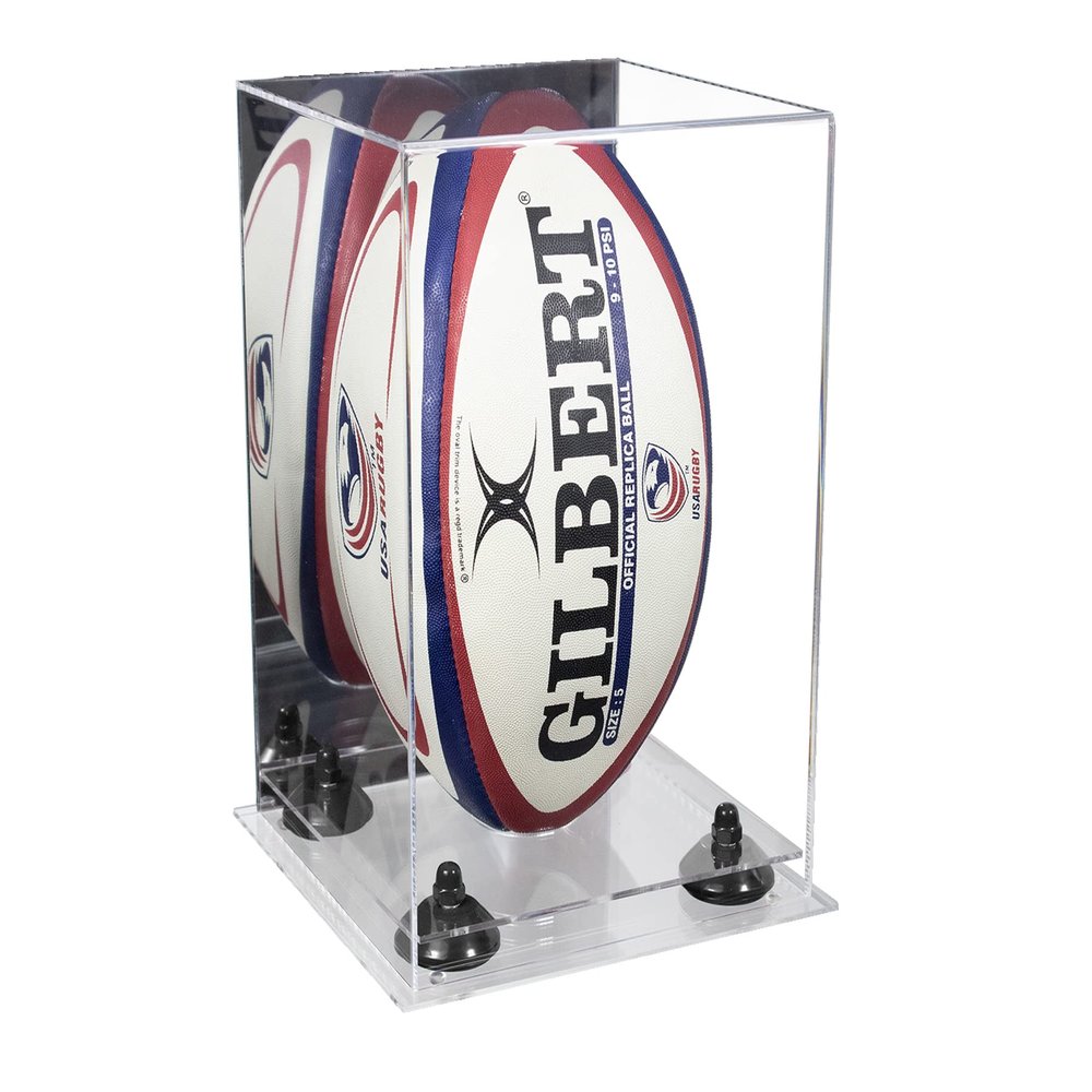 Better Display Cases Acrylic Rugby Ball Display Case Vertical with Mirror Case, Black Risers and Clear Base 8" x 8" x 12" (A060/B42)