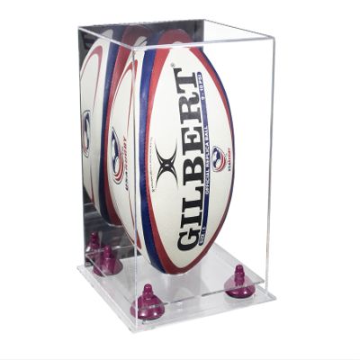 Better Display Cases Acrylic Rugby Ball Display Case Vertical with Mirror Case, Purple Risers, Clear Base 8" x 8" x 12" (A060/B42)