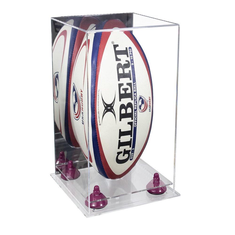 Better Display Cases Acrylic Rugby Ball Display Case Vertical with Mirror Case, Purple Risers, Clear Base 8" x 8" x 12" (A060/B42)