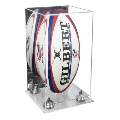 Better Display Cases Acrylic Rugby Ball Display Case Vertical with Mirror Case, Silver Risers, Clear Base 8" x 8" x 12" (A060/B42)