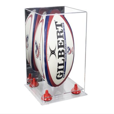 Better Display Cases Acrylic Rugby Ball Display Case Vertical with Mirror Case, Red Risers, Clear Base 8" x 8" x 12" (A060/B42)
