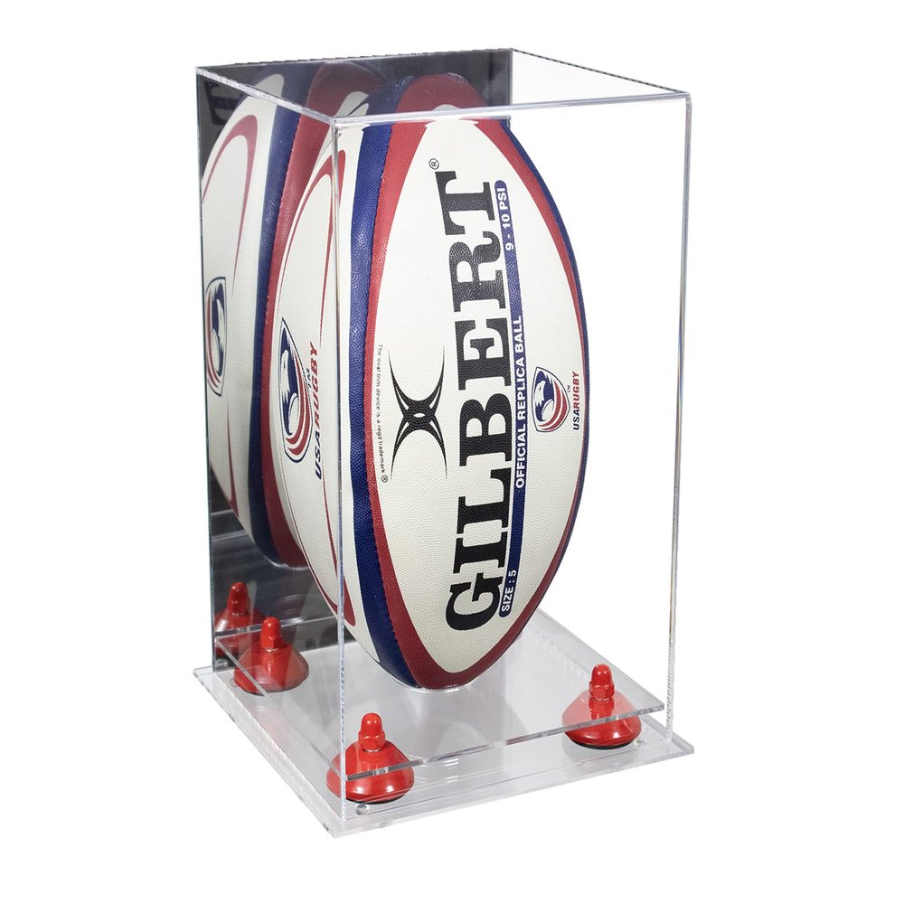 Better Display Cases Acrylic Rugby Ball Display Case Vertical with Mirror Case, Red Risers, Clear Base 8" x 8" x 12" (A060/B42)