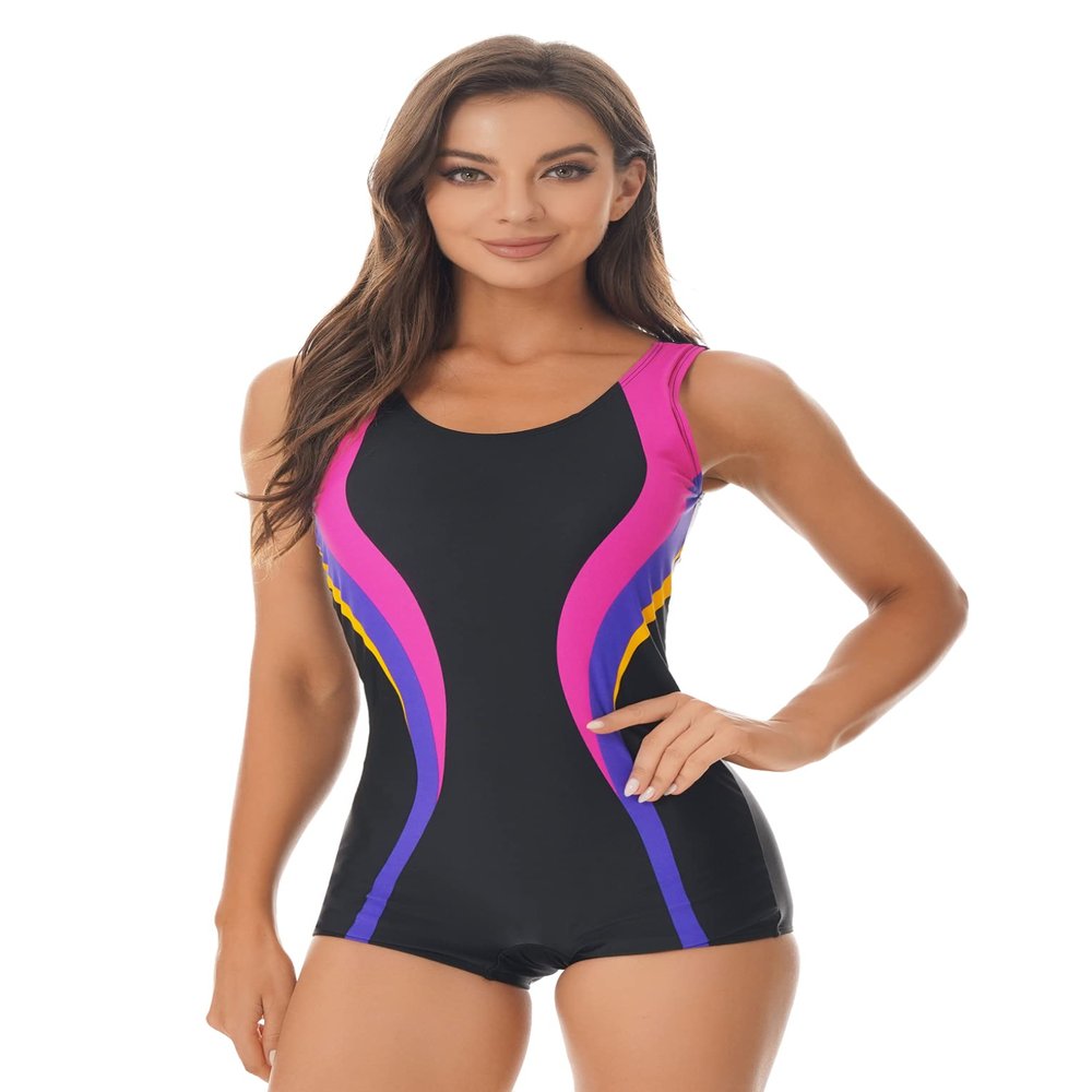 Hansber Women's Boyleg One Piece Swimsuit Sleeveless Tank Biketard Swimwear Padded Athletic Sports Bathing Suit Rose Small