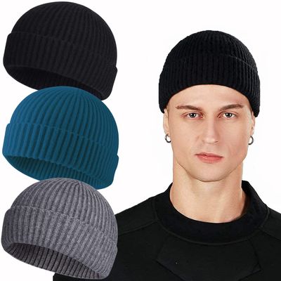 ROYBENS Swag Wool Knit Cuff Short Fisherman Beanie for Men Women, Winter Warm Hats, 3PCS