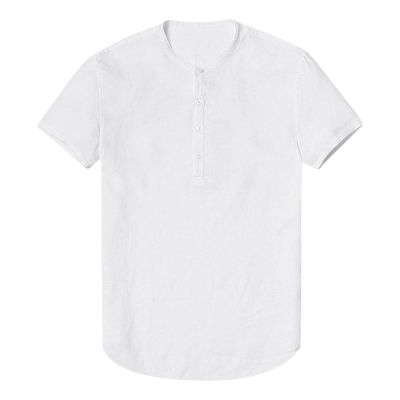 Men's Hippie Linen Henley T Shirts Short Sleeve Button Neck Casual T Shirts Solid Color Summer Beach Shirt Tops (US Size S Asia M,White)