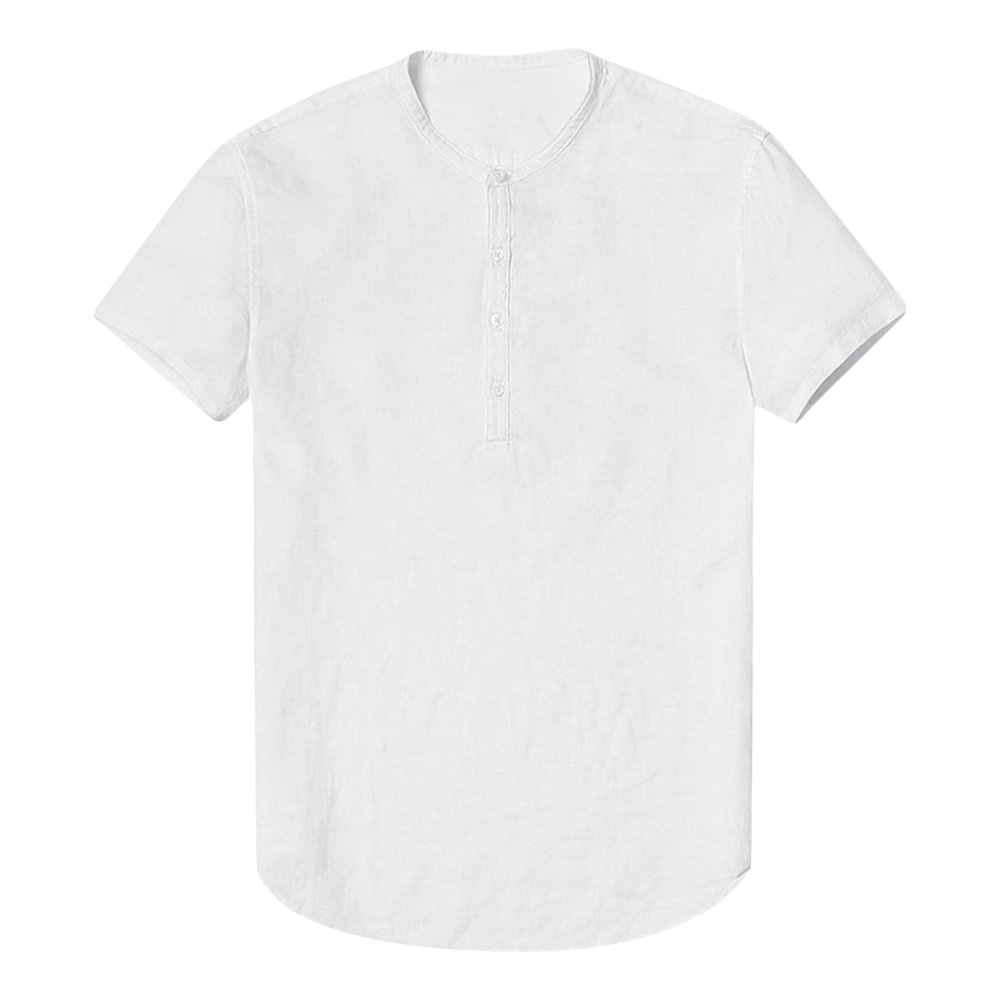 Men's Hippie Linen Henley T Shirts Short Sleeve Button Neck Casual T Shirts Solid Color Summer Beach Shirt Tops (US Size S Asia M,White)