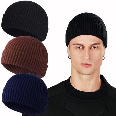ROYBENS Swag Wool Knit Cuff Short Fisherman Beanie for Men Women, Winter Warm Hats, 3PCS