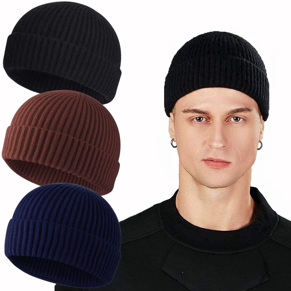 ROYBENS Swag Wool Knit Cuff Short Fisherman Beanie for Men Women, Winter Warm Hats, 3PCS
