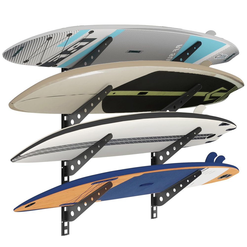 Neorexon Adjustable Surfboard Rack, Metal Wall Mount for 4 Boards, Horizontal Display for Surfboards, Wakeboards, Snowboards in Home or Garage