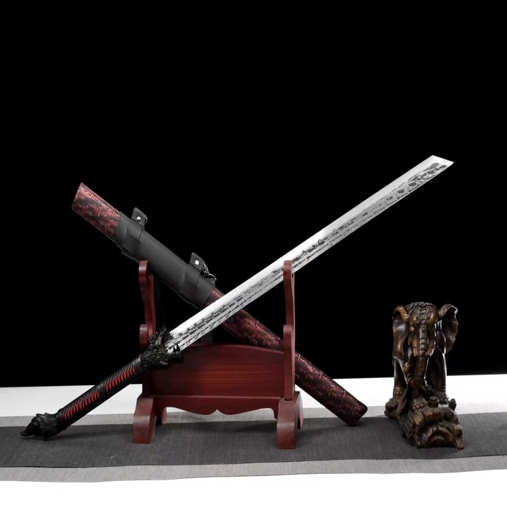 LOONGSWORD Handcrafted Wolf-Head Straight Blade with High-Carbon Steel Hammer-Forged Patterned Edge and Alloy Fittings - Perfect for Outdoor Adventures