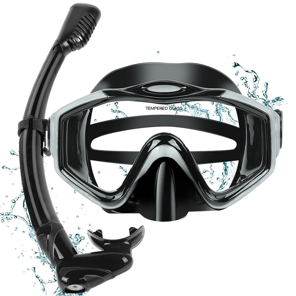 KUYOU Mask Fins Snorkeling Gear for Adults - Wide View Anti-Fog Mask, Full Dry Top Snorkel Gear Set (Black, One Size Without Fins)