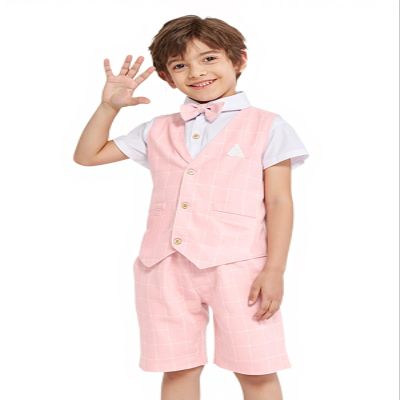 LOLANTA Toddler Boys Summer Dress Outfits 4Pcs Shirt Vest Shorts Set Kids Beach Wedding Clothes Birthday Dresswear(Pink,3)