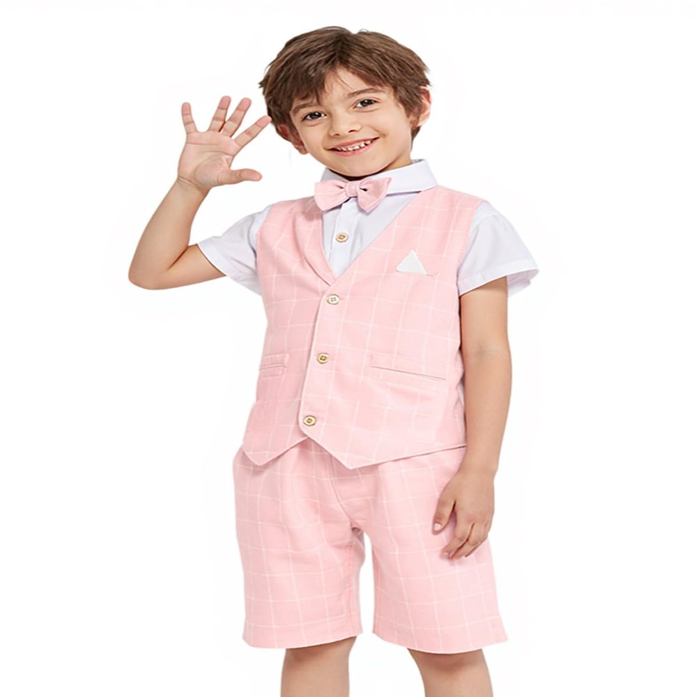 LOLANTA Toddler Boys Summer Dress Outfits 4Pcs Shirt Vest Shorts Set Kids Beach Wedding Clothes Birthday Dresswear(Pink,3)