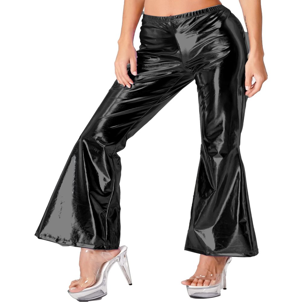 Freebily Women's Shiny Metallic Bell Bottom Pants Flare Disco Outfits 70s Pants Clubwear Costume Black Large