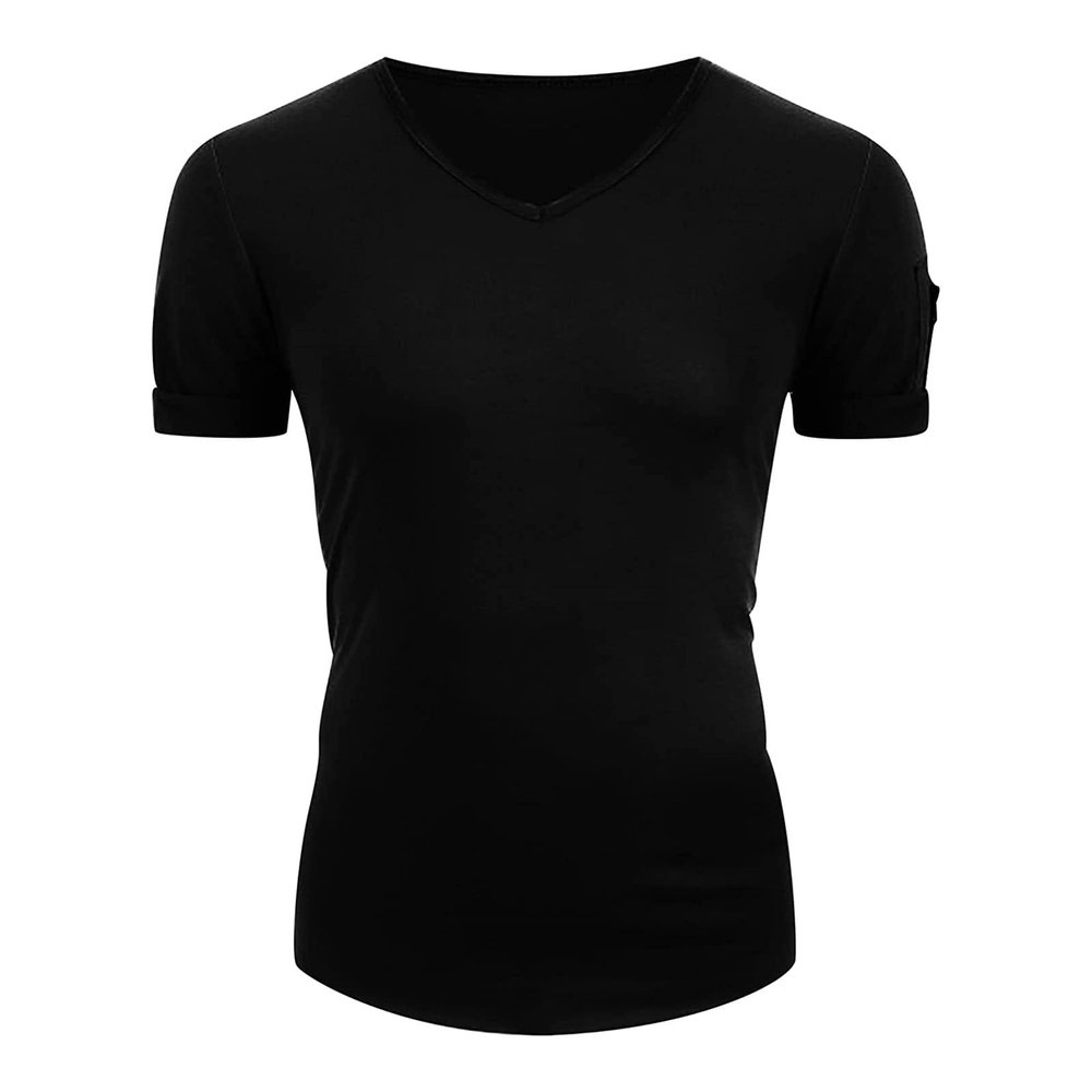 Mens Zip Pocket V Neck Muscle T-Shirt Casual Short Sleeve Slim Athletic T-Shirts Bodybuilding Zipper Tee Tops (US Size XS Asia S,Black)