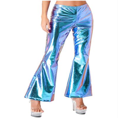 Freebily Women's Shiny Metallic Bell Bottom Pants Flare Disco Outfits 70s Pants Clubwear Costume Blue X-Large