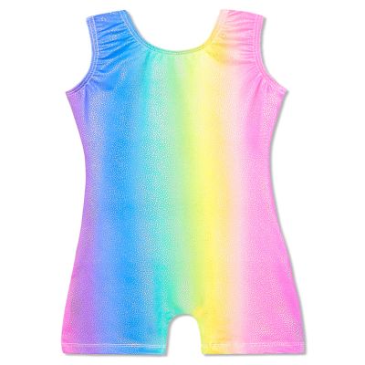 Domusgo Gymnastics Leotards for Girls Size 6-7 Years Sparkly Colorful Stripe Sleeveless Biketard with Shorts