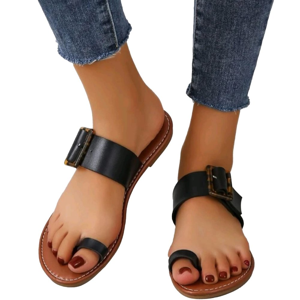 Hbeylia Womens Flat Sandals Fashion Buckle Strap Gladiator Flip Flops Bohemian Jewelry Toe Ring Footed Low Heels Dressy Sandals Summer Beach Boho Casual Slipper