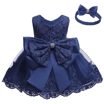Baby Girl Baptism Christening Gown Dresses Toddler Wedding Bridesmaid Clothes Lace Tutu Dress (Navy Blue,12M)