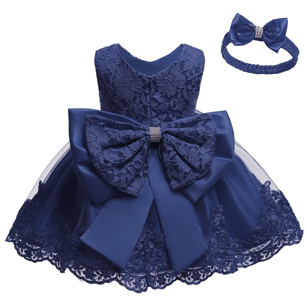 Baby Girl Baptism Christening Gown Dresses Toddler Wedding Bridesmaid Clothes Lace Tutu Dress (Navy Blue,12M)