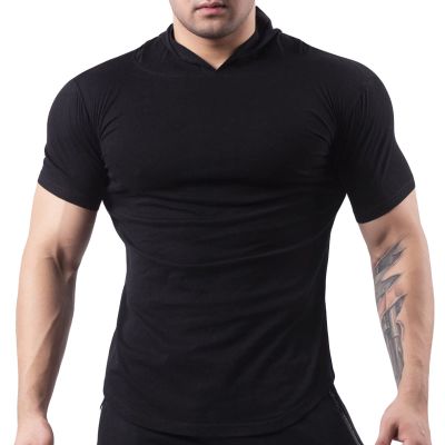 JEsilunmaMY Short Sleeve Outdoor Hoodie for Men Athletic Hoodies Pullover Muscle T-Shirt Slim Fit Bodybuilding Gym Hooded Tee (US Size XL Asia XXL,Black)
